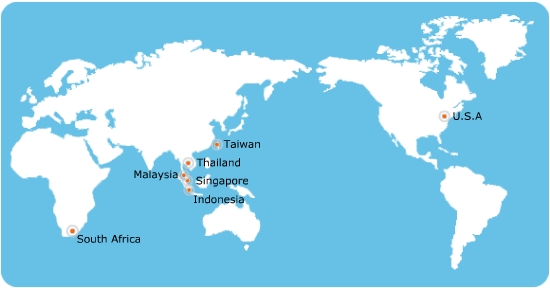 Taiwan; Thalland; Malaysia; Singapore; Indonesia; South Africa; U.S.A